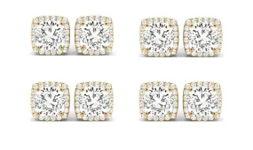 18k Yellow Gold 4Ct Cushion Cut White Sapphire Set Of Four Halo Stud Earrings Plated