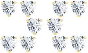 18k Yellow Gold Plated 4Ct Heart White Sapphire Set Of Five Stud Earrings