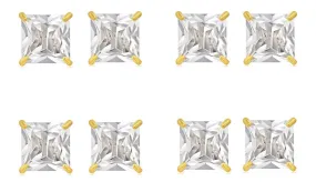 18k Yellow Gold Plated 4mm 3Ct Square Cut White Sapphire Set Of Four Stud Earrings