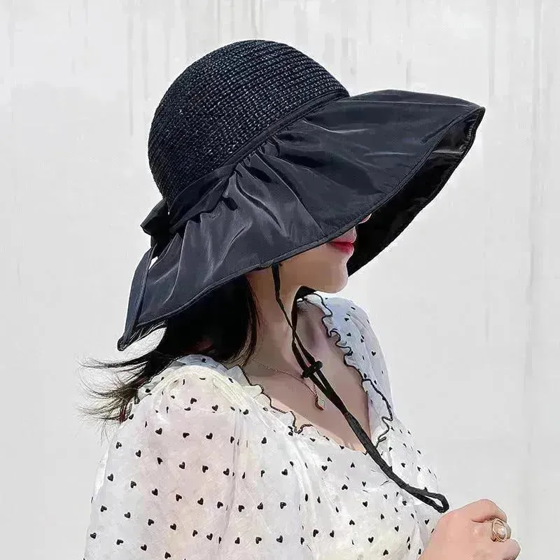 Black Rubber Beach Hat Sun Hat Female Summer Hollow Straw Hat