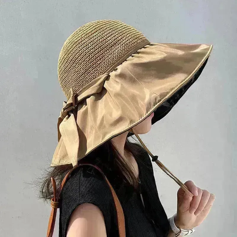 Black Rubber Beach Hat Sun Hat Female Summer Hollow Straw Hat