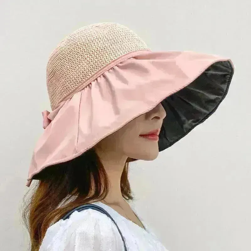 Black Rubber Beach Hat Sun Hat Female Summer Hollow Straw Hat