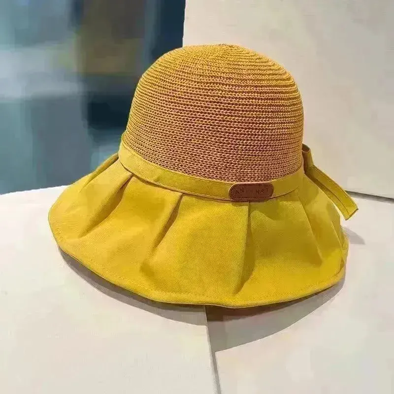 Bow Fisherman Hat Summer Straw Sunhat With Large Brim Anti-UV Sunshade And Face Protection Hat Outdoor