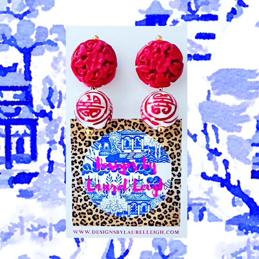 Chinoiserie Red Cinnabar Drop Earrings