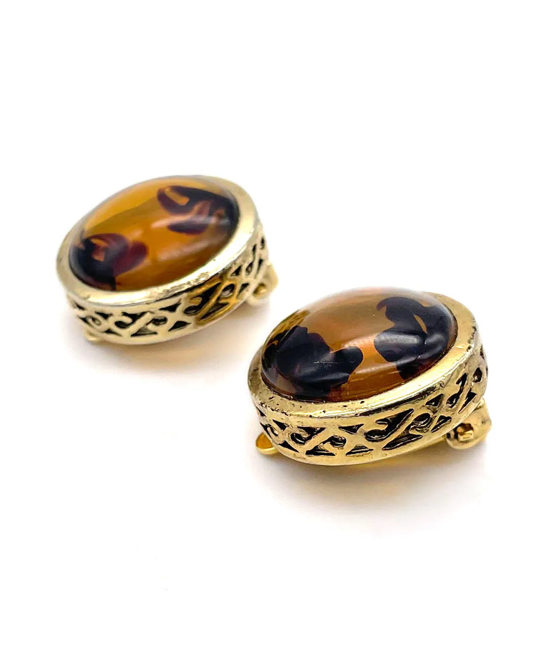 【USA輸入】ヴィンテージ アンバー カボション イヤリング/Vintage Amber Cabochon Clip On Earrings