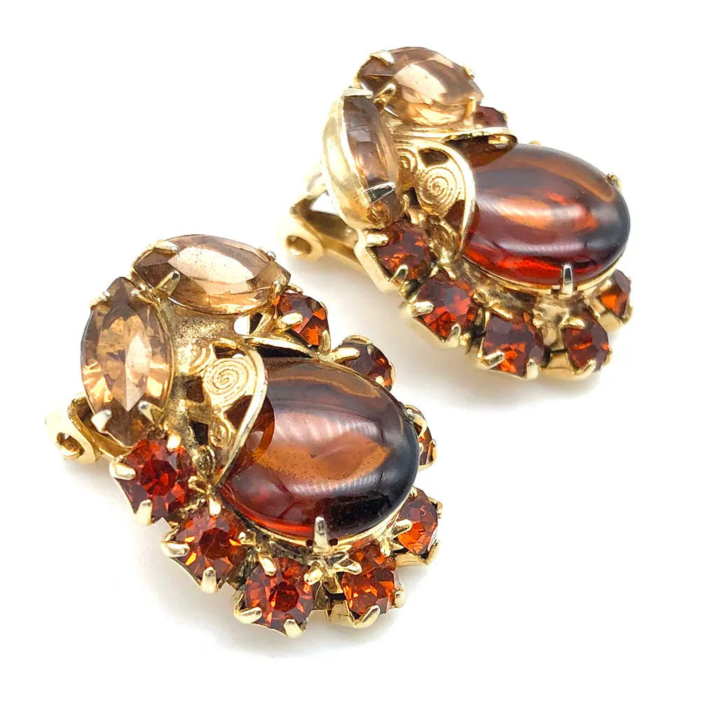 【USA輸入】ヴィンテージ アンバー カボション ラインストーン イヤリング/Vintage Amber Cabochon Rhinestones Clip On Earrings