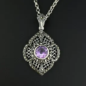 Vintage Silver Art Deco Amethyst Marcasite Pendant Necklace